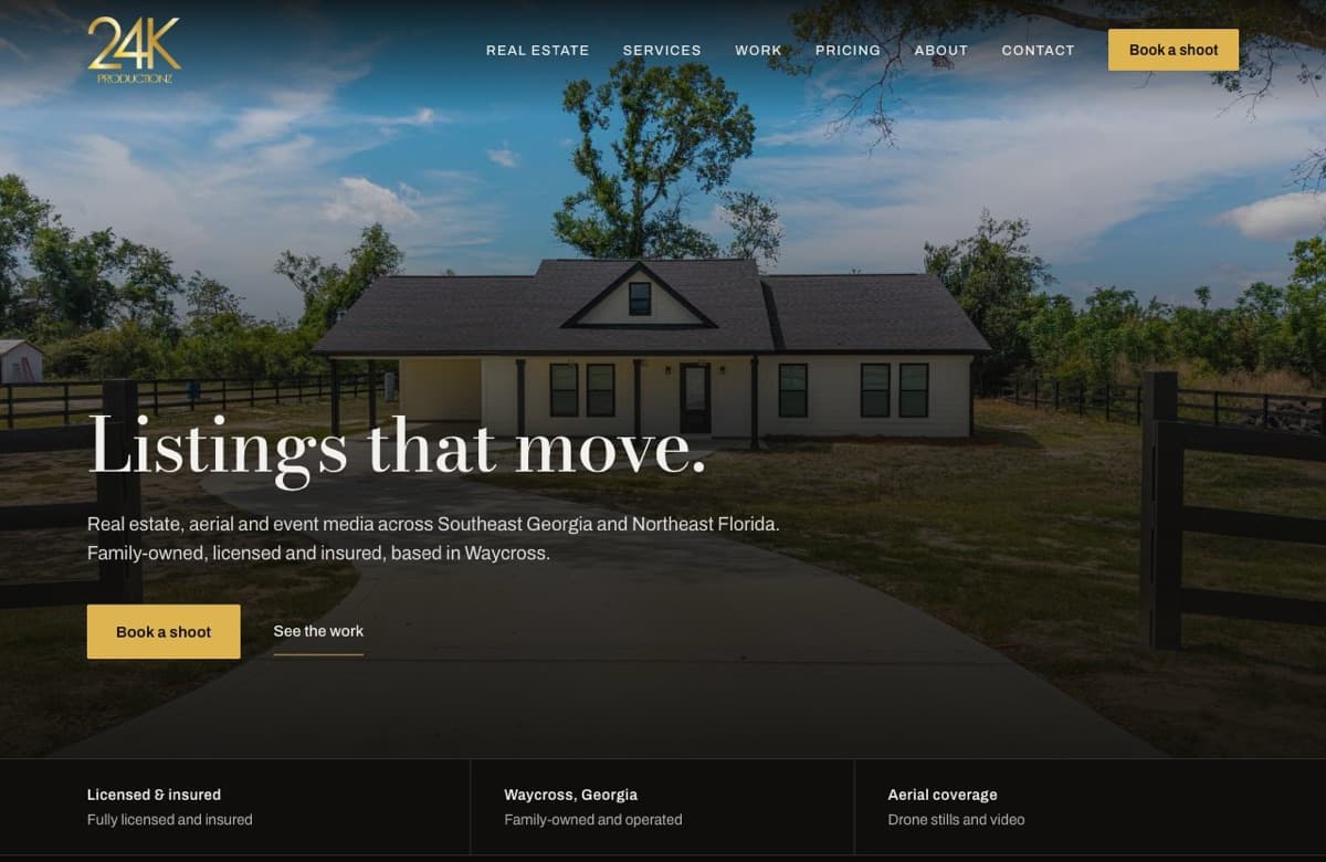 24K ProductionZ homepage — a full-bleed listing photo under the headline Listings that move