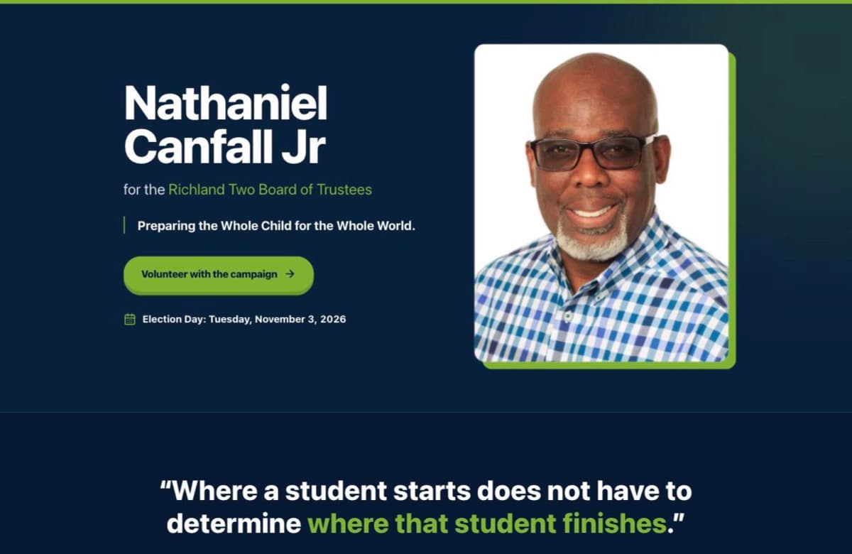 Canfall for Richland Two homepage — a navy hero with the candidate's portrait beside the line Preparing the Whole Child for the Whole World