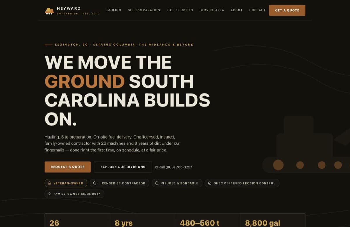 Heyward Enterprise homepage — a dark earth-toned hero with the headline We move the ground South Carolina builds on