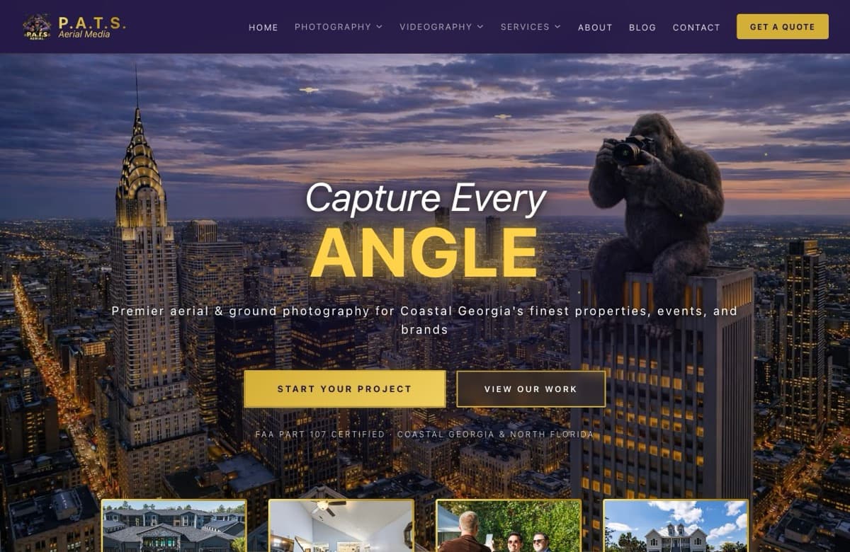 P.A.T.S. Aerial Media homepage — a dusk cityscape hero with the headline Capture Every Angle
