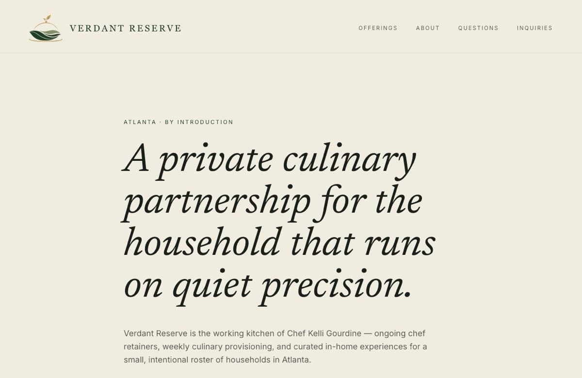 Verdant Reserve homepage — a serif headline over a warm parchment ground for Chef Kelli Gourdine's private culinary practice